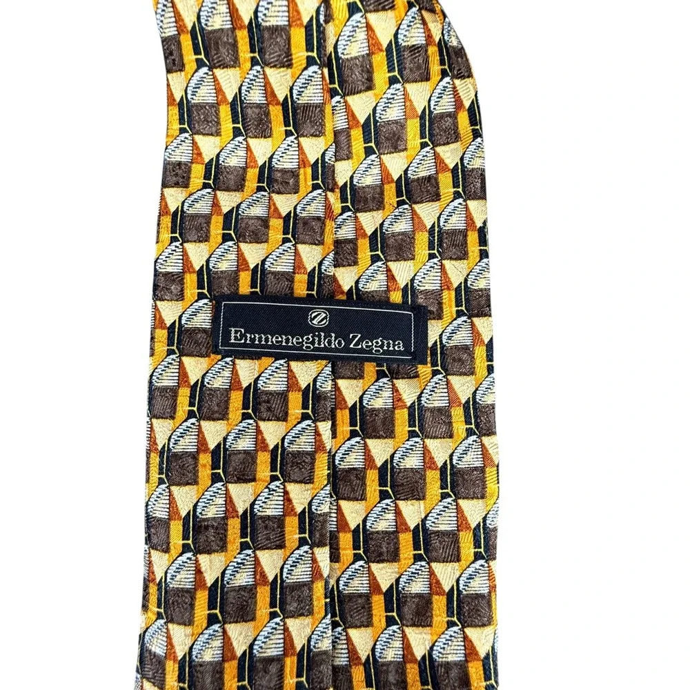 Ermenegildo‎ Zegna Geometric Silk Necktie Men Brown Yellow Black Luxury